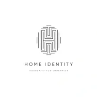 Minimalist Home Identity logo with abstract "H" design and tagline: design, style, organize underneath.