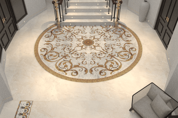 Lacuna medallion marble mosaic rug white interior design render