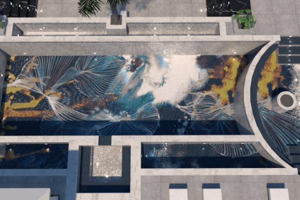 Top view render of a swimming pool mosaic abstract design by MEC