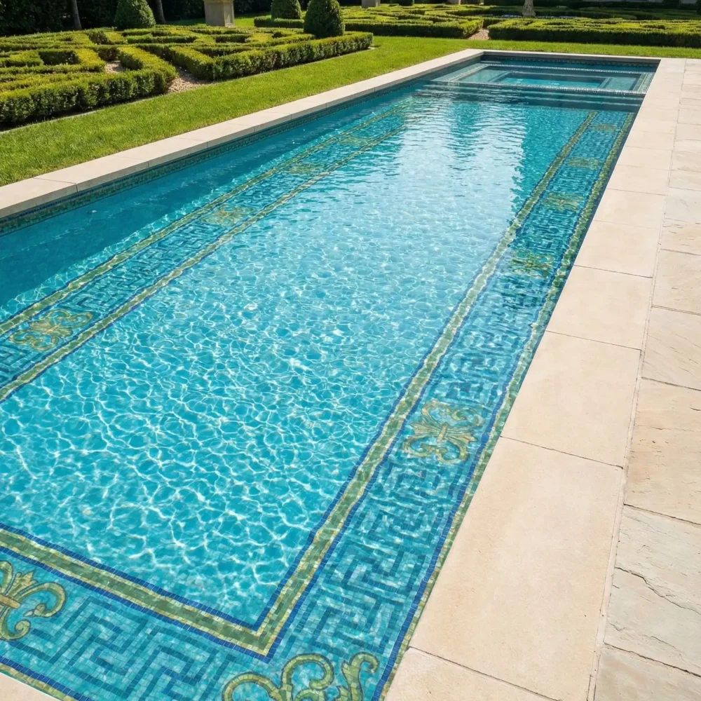 Aqua pool mosaic with Greek key border, gold accent lines, and decorative corner flourishes, classic Mediterranean pool tile edging design.