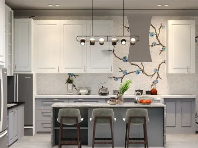 Modern kitchen interior with floral mosaic backsplash, pendant lighting, and white cabinetry above gray island.