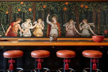 Handmade mosaic mural depicting mythological figures, angels, and fruit trees in a Renaissance-inspired design, rich in color and detail.