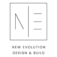 New Evolution Design & Build logo with minimalist NE initials inside a square, modern architectural branding.