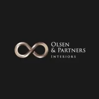 Olsen & Partners Interiors logo with infinity symbol on black background in elegant metallic finish.