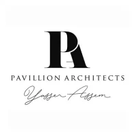 Black and white logo of Pavillion Architects with initials "PA" and signature "Yasser Assem" beneath.