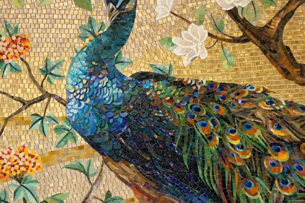 majestic mosaic animals mural featuring an iridescent peacock mosaic made with vibrant handcut glass tiles
