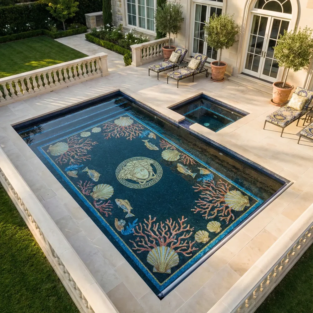 Luxury marine pool mosaic with coral branches, fish and shell motifs, and central Medusa medallion on deep navy blue tile base with framed borders.