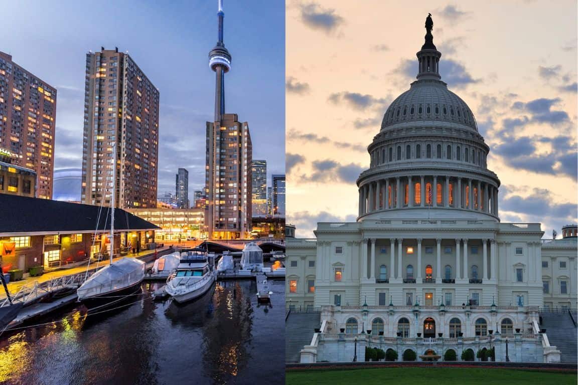 A side-by-side view of iconic landmarks from Canada’s CN Tower and the U.S. Capitol Building.