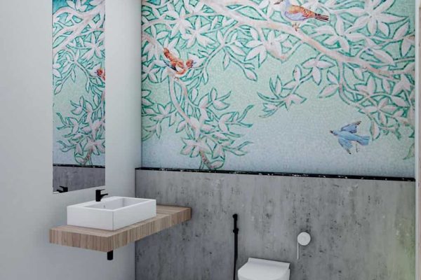 birds vibrant aqua glass mosaic bathroom wall