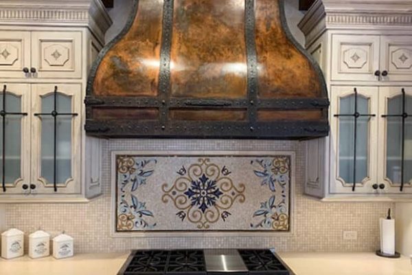 Decorative handcrafted mosaic tile backsplash for kitchen stove wall art featuring an elegant European design motif