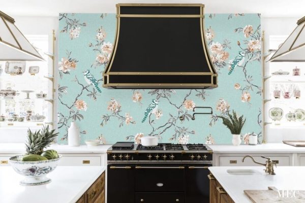 Decorative handcrafted mosaic tile backsplash art featuring wallpaper inspired flowering branches and birds