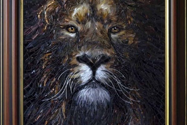 glass mosaic animals lion portrait dark background dramatic lighting
