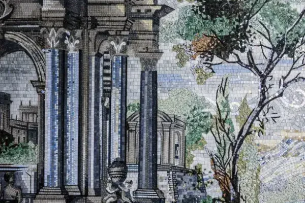 Intricate mosaic artwork depicting classical architecture, statues, and lush trees in a grand courtyard scene.