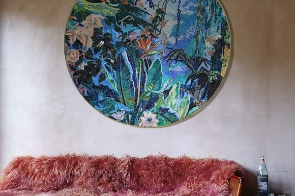 miri wall mosaic artwork tropical forest handcut glass tile