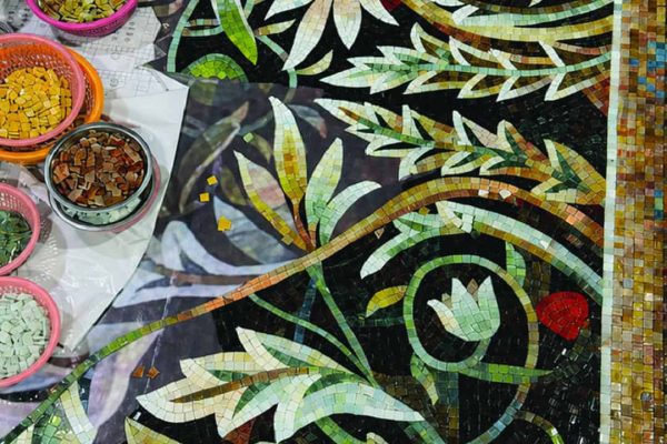 Decorative glass mosaic mural inspired by flowers, leaves, and nature