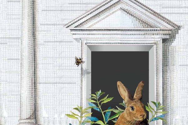 Urban wilderness mural featuring mosaic animals, brown rabbit in a balcony
