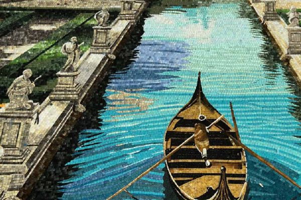 mosaic featuring boat and canal