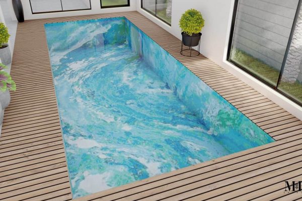 Transform your pool area using an abstract glass mosaic custom designed surf wave pool pattern.