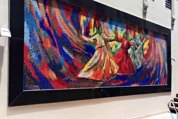 Whirling Dervish handcut MUrano glass mosaic mural colorful