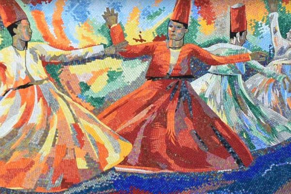 Whirling Dervish handcut MUrano glass mosaic mural colorful