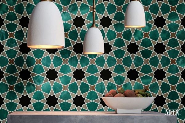 RIAD. Product image showing Jade Glass waterjet cut tiles from Marrakesh collection. Custom geometric Arabesque Moroccan tile design from MEC.